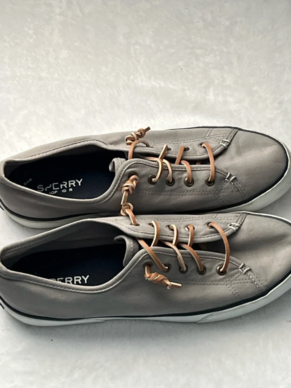 Sperry Men’s Gray Canvas Boat Shoes with Tan Leather Laces, Size 10M